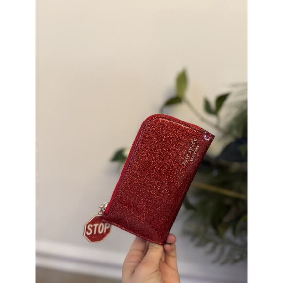 KATE SPADE Detour Stop Sign Glitter Patent Leather Small Slim Bifold Wallet NWT - Picture 1 of 6